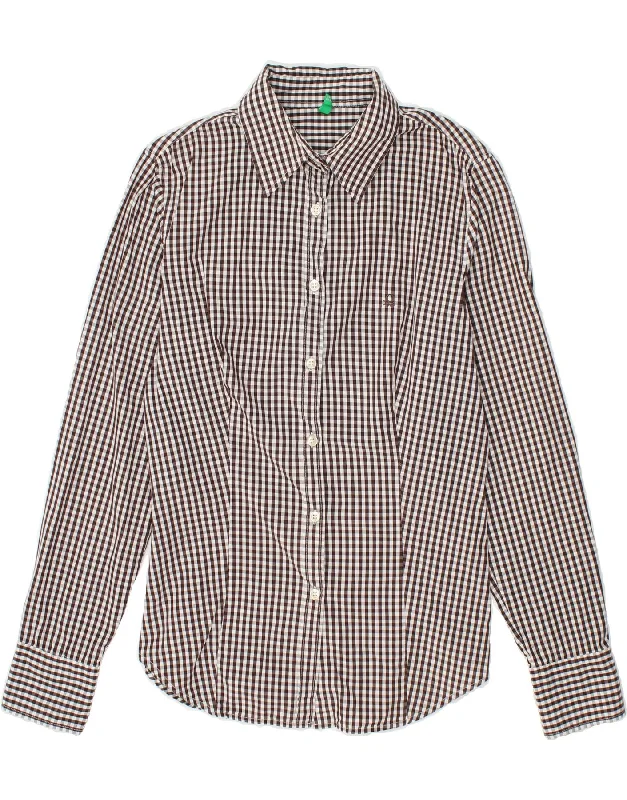 BENETTON Womens Shirt UK 14 Large Brown Gingham Cotton-- V-Neck T-Shirt Long Sleeve Cotton BENETTON Womens Shirt UK 14 Large Brown Gingham Cotton-- V-Neck T-Shirt Long Sleeve Cotton