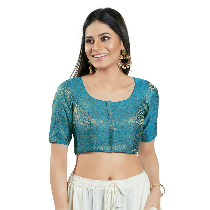 Blue Brocade Woven Design Elbow Sleeve Blouse Ruffled Neck Blouse