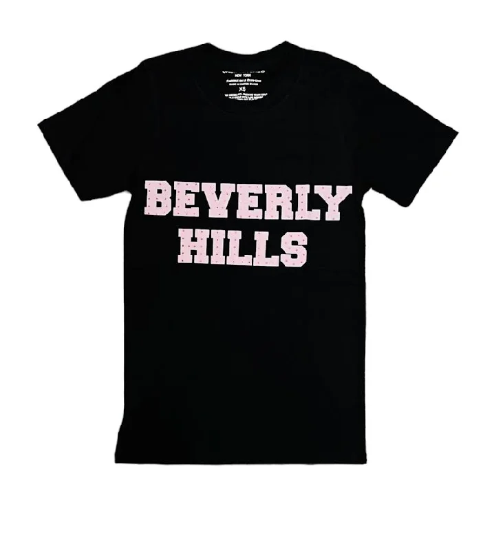 WOMENS BEVERLY HILLS BLACK EMBELLISHED T-SHIRT-- Terry Blend Velvet Blend Canvas Blend