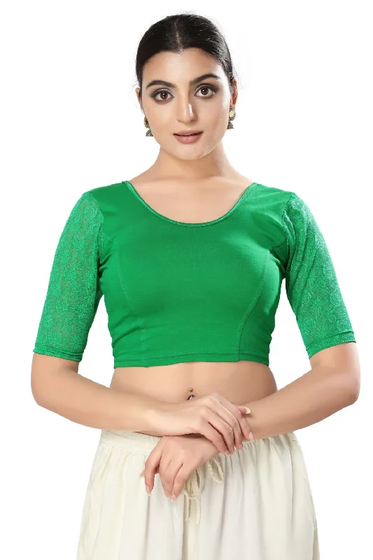 Green Cotton Solid Short Sleeves Blouse Embellished Collar Blouse