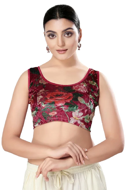 Maroon Velvet Printed Sleeveless Blouse Stretchy Fitted Blouse
