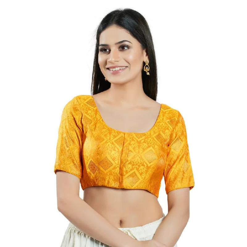 Yellow Brocade Woven Design Elbow Sleeve Blouse Chic Sleeveless Blouse