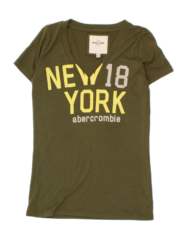 ABERCROMBIE & FITCH Womens Graphic T-Shirt Top UK 10 Small Khaki Cotton-- Fleece Fabric Down Fabric Feather Fabric