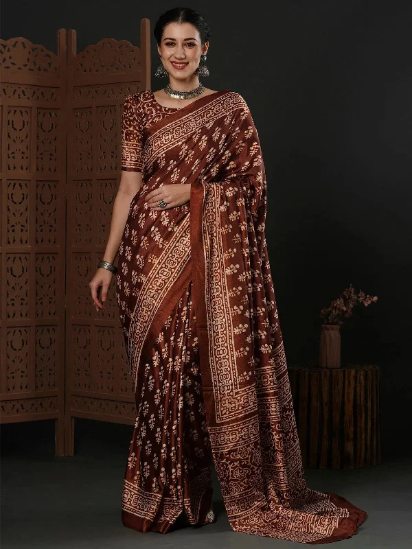 Saree Mall Women's Dola Brown Printed Designer Saree With Blouse Piece-DOLA111D High Neck Blouse Saree Mall Women's Dola Brown Printed Designer Saree With Blouse Piece-DOLA111D High Neck Blouse