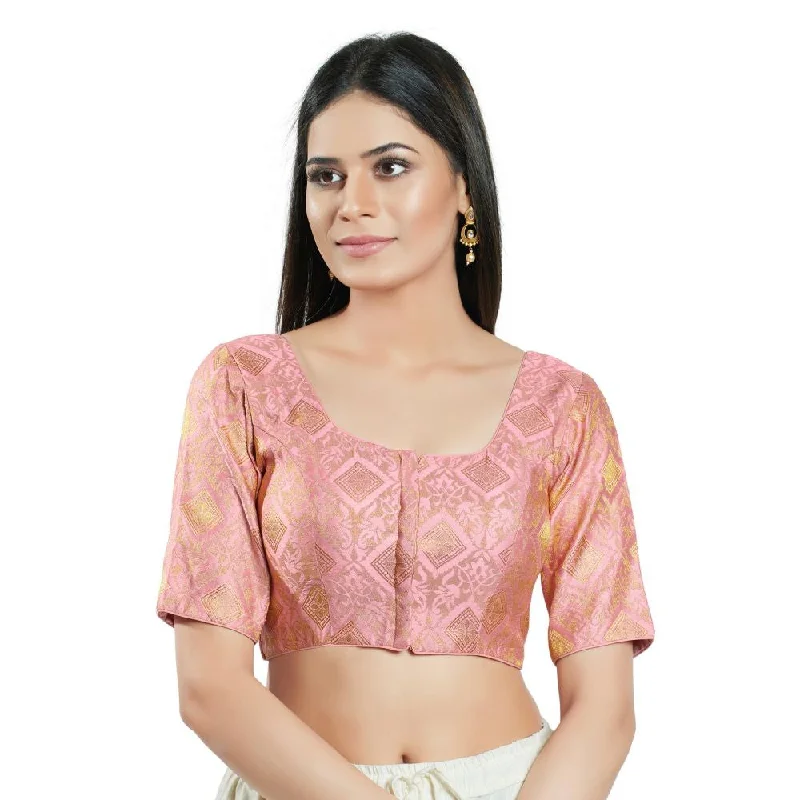 Pink Brocade Woven Design Elbow Sleeve Blouse Modern Oversized Blouse