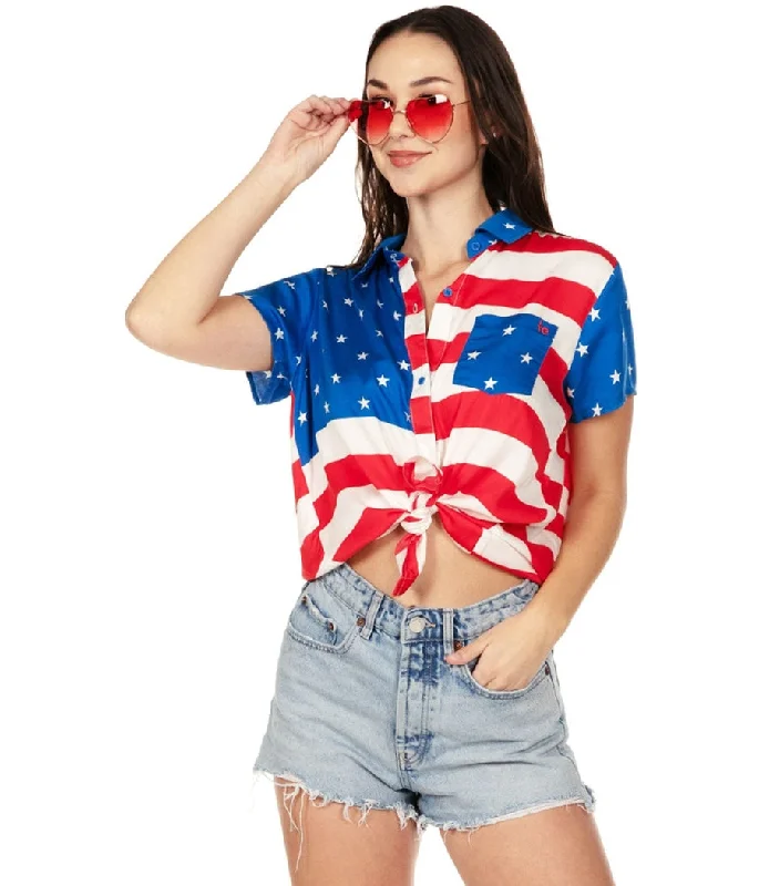 Women's American Flag Button Down Shirt-- Anti-Shrink Durable Soft