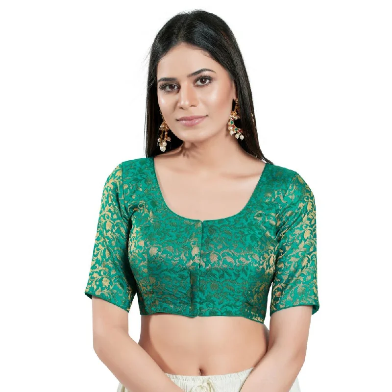 Rama Green Brocade Woven Design Elbow Sleeve Blouse Chic Off-Shoulder Blouse