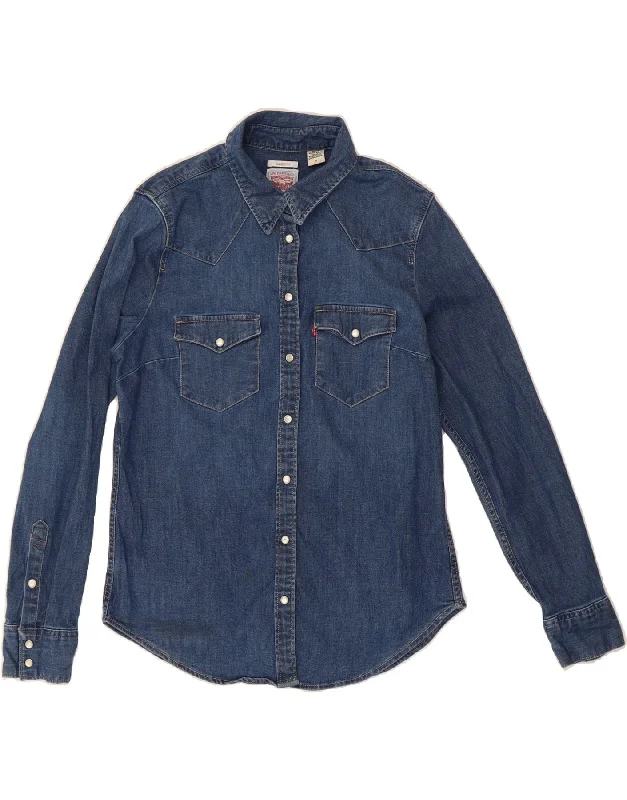 LEVI'S Womens Classic Fit Denim Shirt UK 14 Medium Blue Cotton-- Zippered Buttoned Snapped