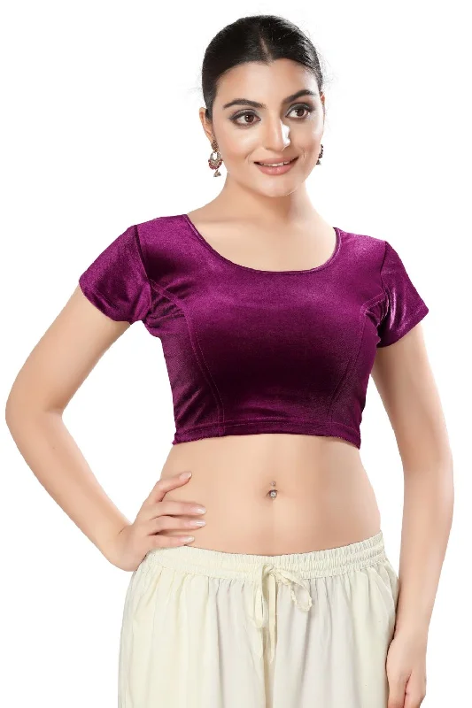 Magenta Velvet Solid Short Sleeves Blouse Silky Tunic Blouse