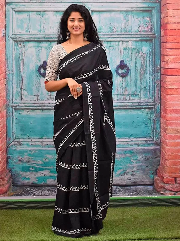 Saree Mall Women's Cotton Black Printed Designer Saree With Blouse Piece-MINAXI1702 Gathered Detail Blouse Saree Mall Women's Cotton Black Printed Designer Saree With Blouse Piece-MINAXI1702 Gathered Detail Blouse