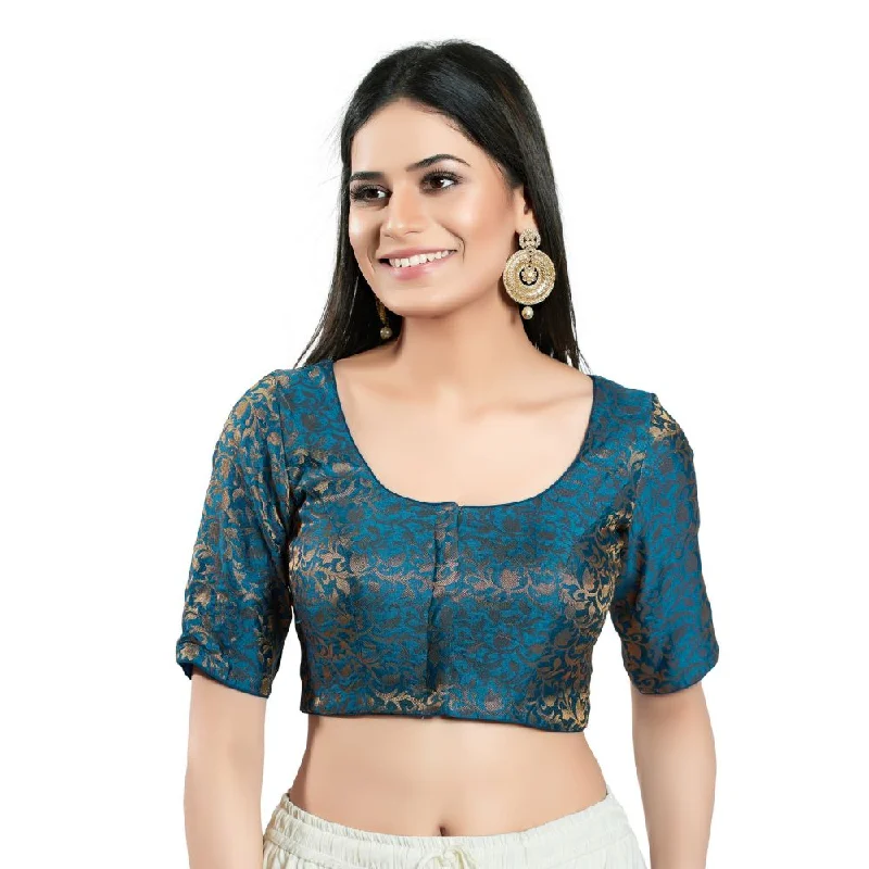 Teal Brocade Woven Design Elbow Sleeve Blouse Frilled Cuff Blouse
