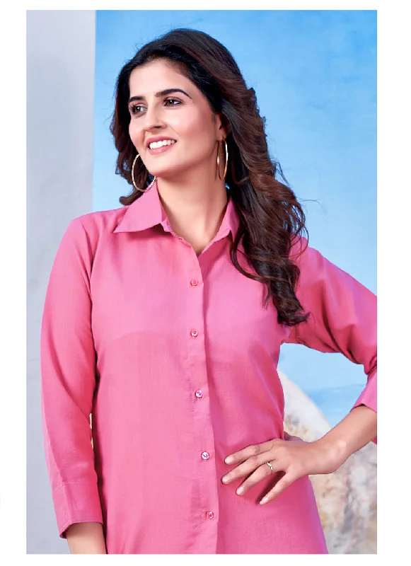 Pink Cotton Solid Collared Casual Shirt For Women-- Print Jacquard Patchwork