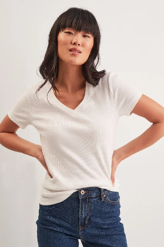 T-shirt basique en jersey côtelé - Femme-- Boxy Fit Fitted Loose