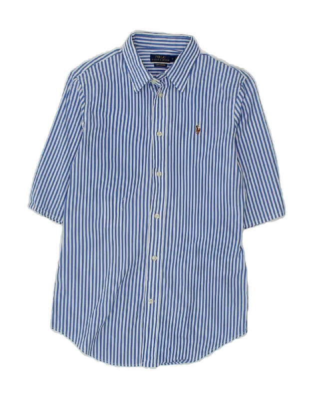 POLO RALPH LAUREN Womens Slim Shirt US 6 Medium Blue Pinstripe-- Mesh Fabric Canvas Fabric Denim Fabric