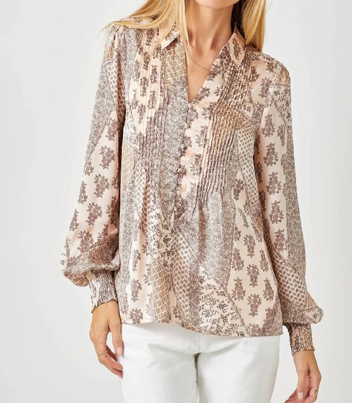 Pintuck Print Blouse In Sand Mix Sheer Mesh Blouse