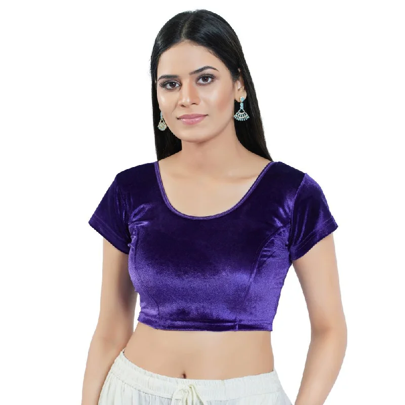Purple Velvet Solid Short Sleeves Blouse Short Sleeve Blouse