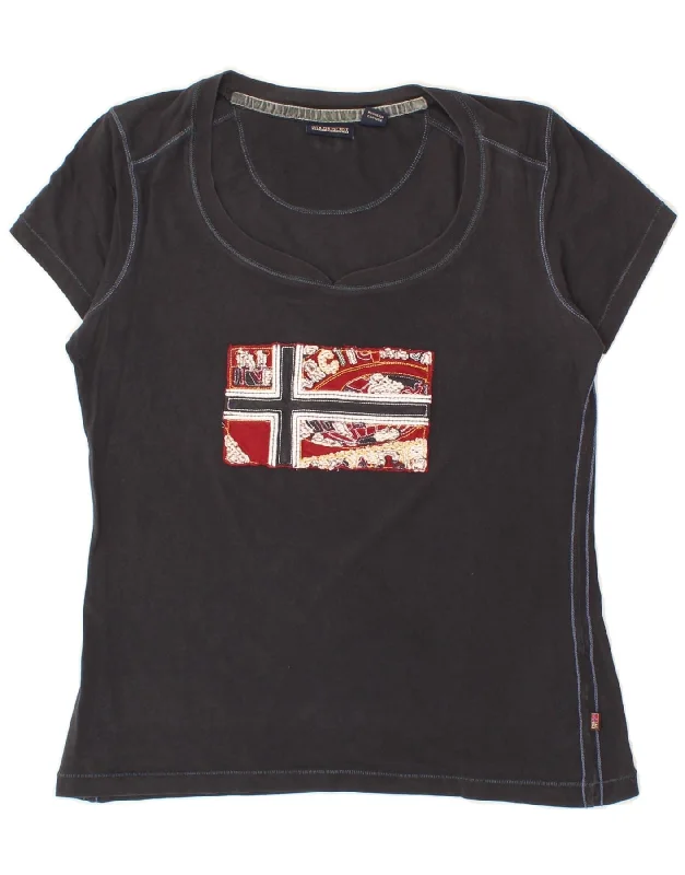 NAPAPIJRI Womens Graphic T-Shirt Top UK 12 Medium Navy Blue Cotton-- Hooded Caped Shawl Collar