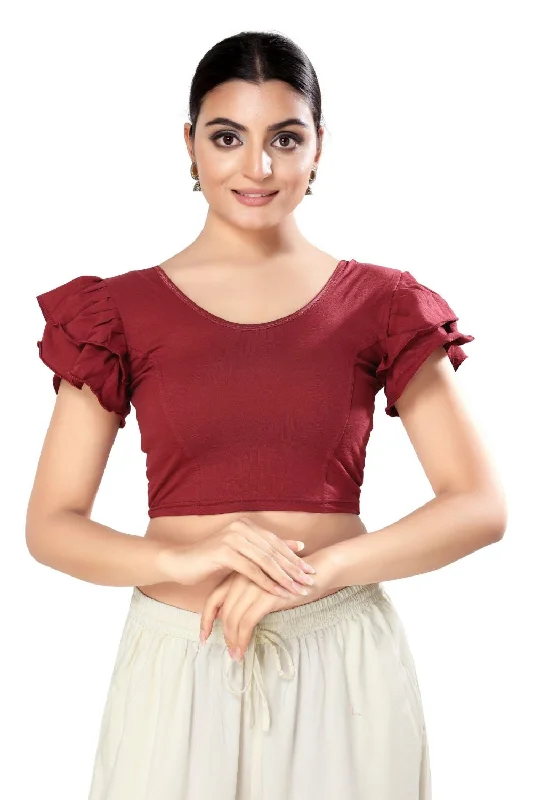 Maroon Cotton Solid Short Sleeves Blouse Elegant Silk Blouse