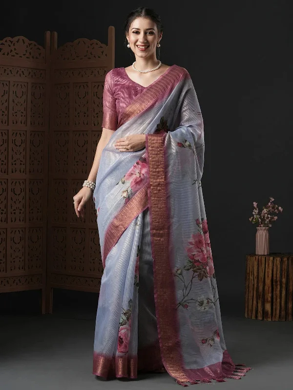 Saree Mall Women's Organza Grey Printed Designer Saree With Blouse Piece-SALILA206 Ruffled Neck Blouse Saree Mall Women's Organza Grey Printed Designer Saree With Blouse Piece-SALILA206 Ruffled Neck Blouse