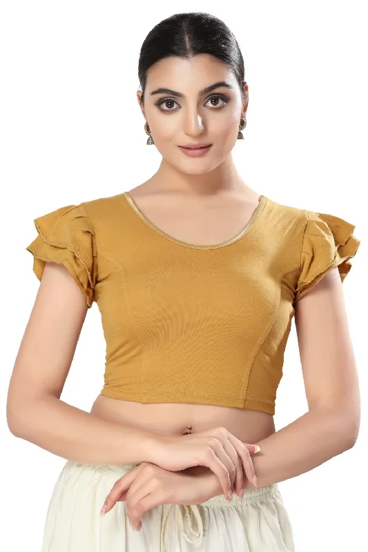 Gold Cotton Solid Short Sleeves Blouse Chic Ruffle Blouse