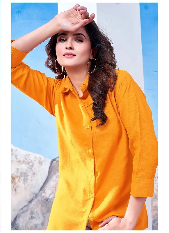 Yellow Cotton Solid Collared Casual Shirt For Women-- Front Pockets Side Pockets Patch Pockets