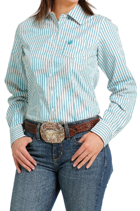 WOMEN'S BUTTON-DOWN WESTERN SHIRT - WHITE / BLUE / PINK-- Collared Crew Neck Turtle Neck