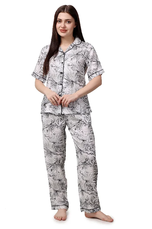 Black Floral Print Women Shirt & Pyjama Set – 100% Viscose-- Cozy Warm Stylish