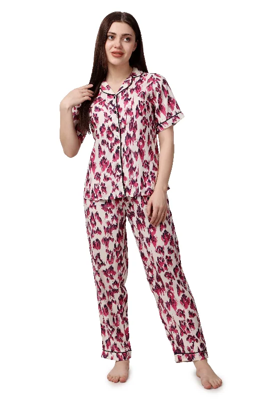 Abstract Print Women Shirt & Pyjama Set – 100% Viscose-- Silk Blend Satin Velvet