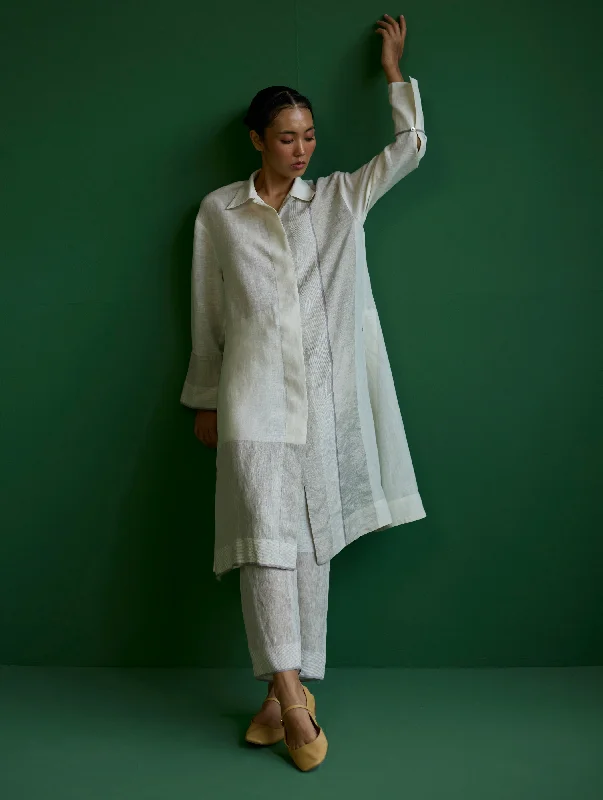 Ziza Metallic Linen Shirt Kurta - Ivory-- Hooded Caped Shawl Collar