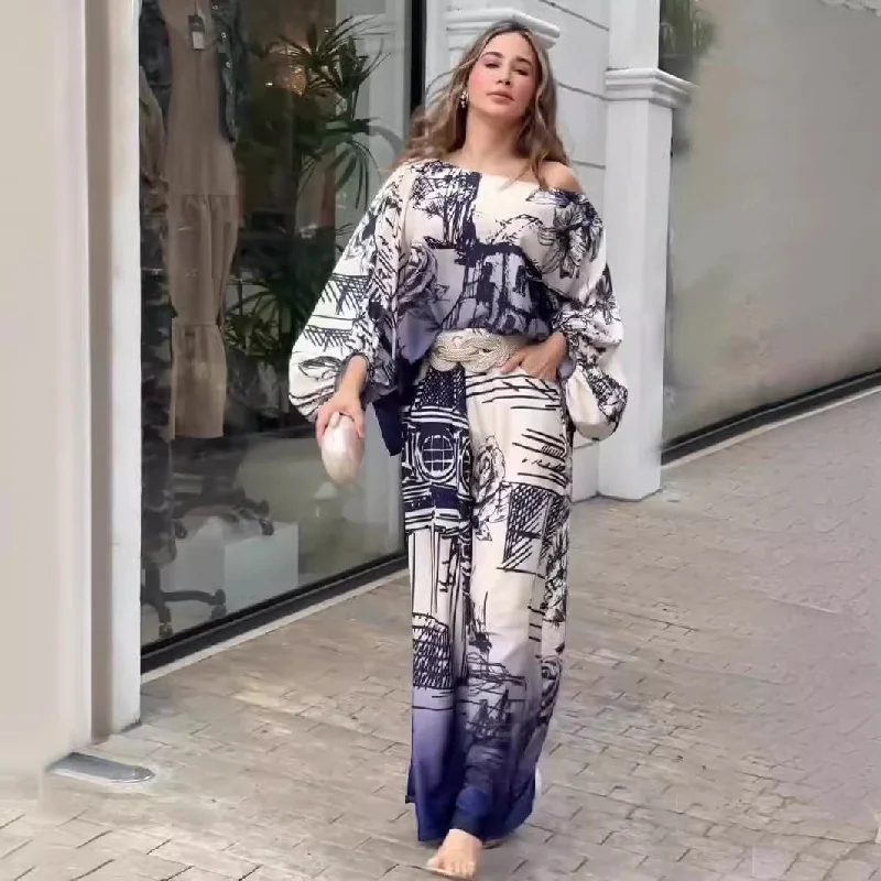 Print Long Sleeve Batwing Shirt Wide Leg Pants Suit Belt Delivery-- Collared T-Shirt Boat Neck A-Line