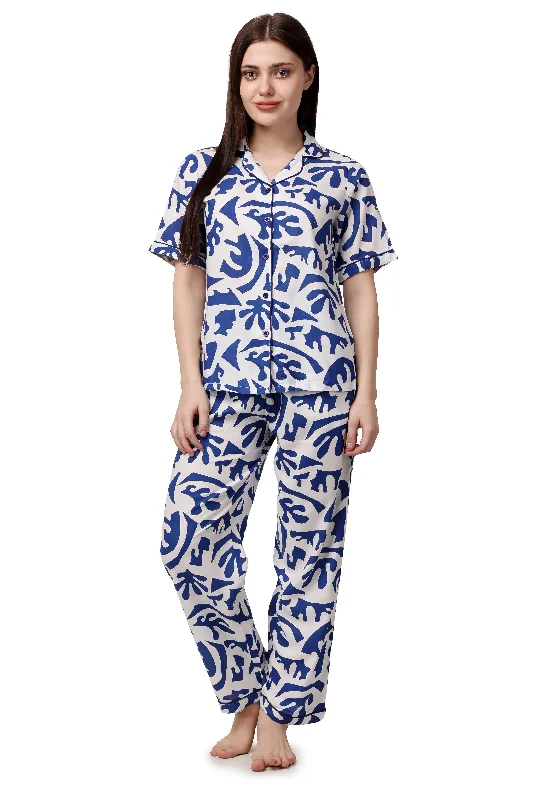 Abstract Print Women Shirt & Pyjama Set – 100% Viscose-- Lace Blend Ribbed Blend Corduroy Blend