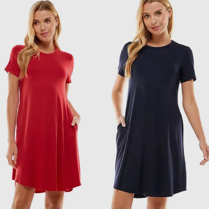 Short Sleeve T-Shirt Dress-- Welt Pockets Slit Pockets