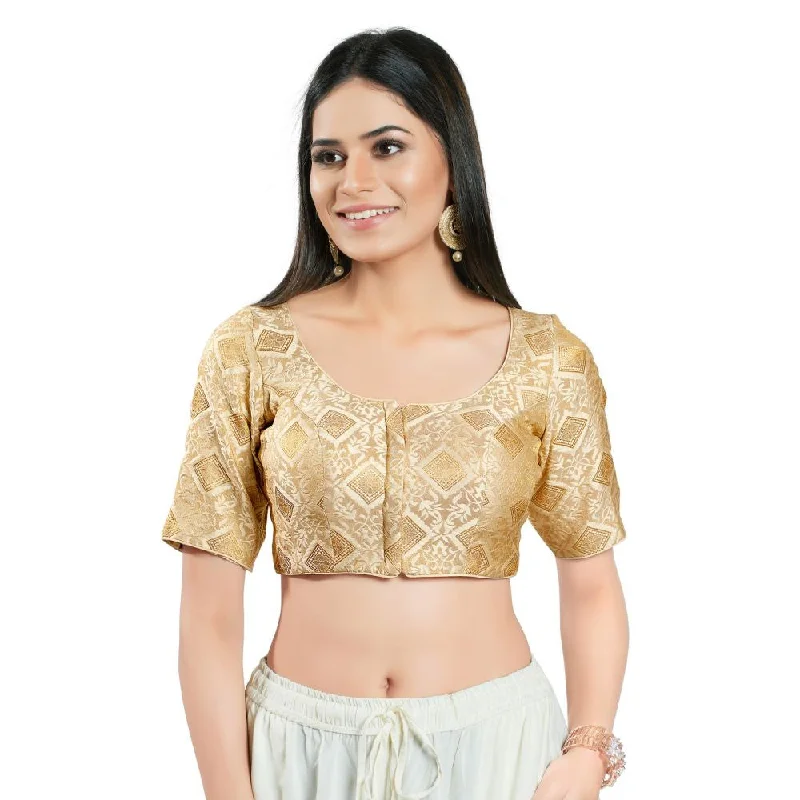 Gold Brocade Woven Design Elbow Sleeve Blouse Floral Print Blouse