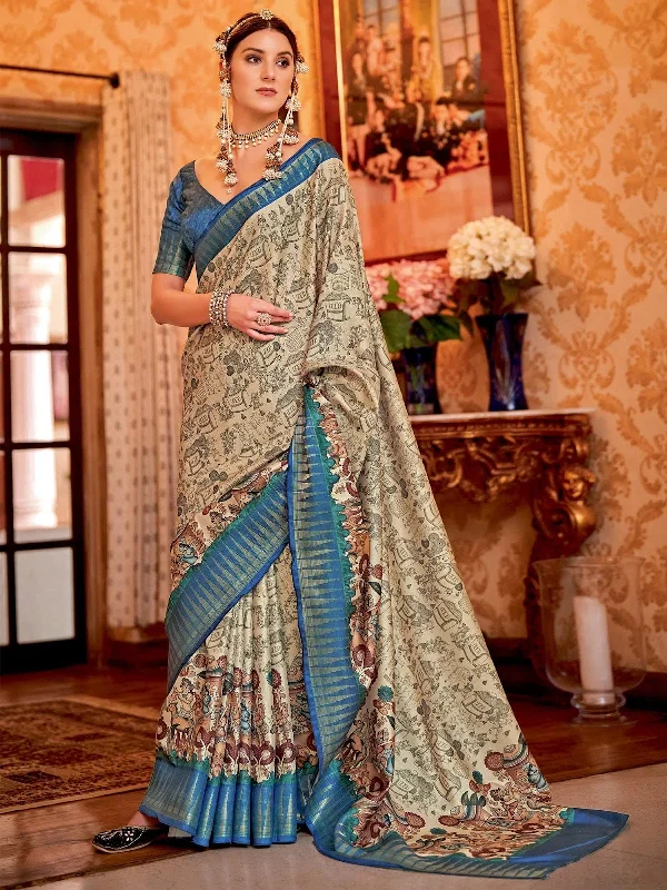 Saree Mall Women's Manipuri  Cream Printed Designer Saree With Blouse Piece-MORPNKH108 Delicate Bow Blouse