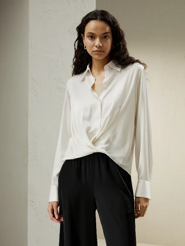 Hem Pleated Silk Blouse for Women Peter Pan Blouse