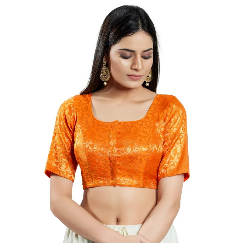 Orange Brocade Woven Design Elbow Sleeve Blouse Oversized Silk Blouse