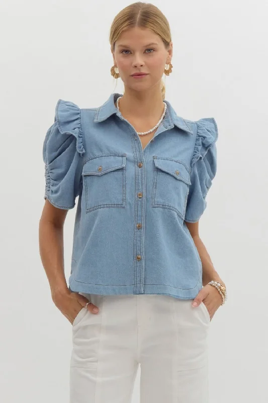 Axel Ruffle Sleeve Denim Shirt-- Mesh Blend Leather Blend Suede Blend