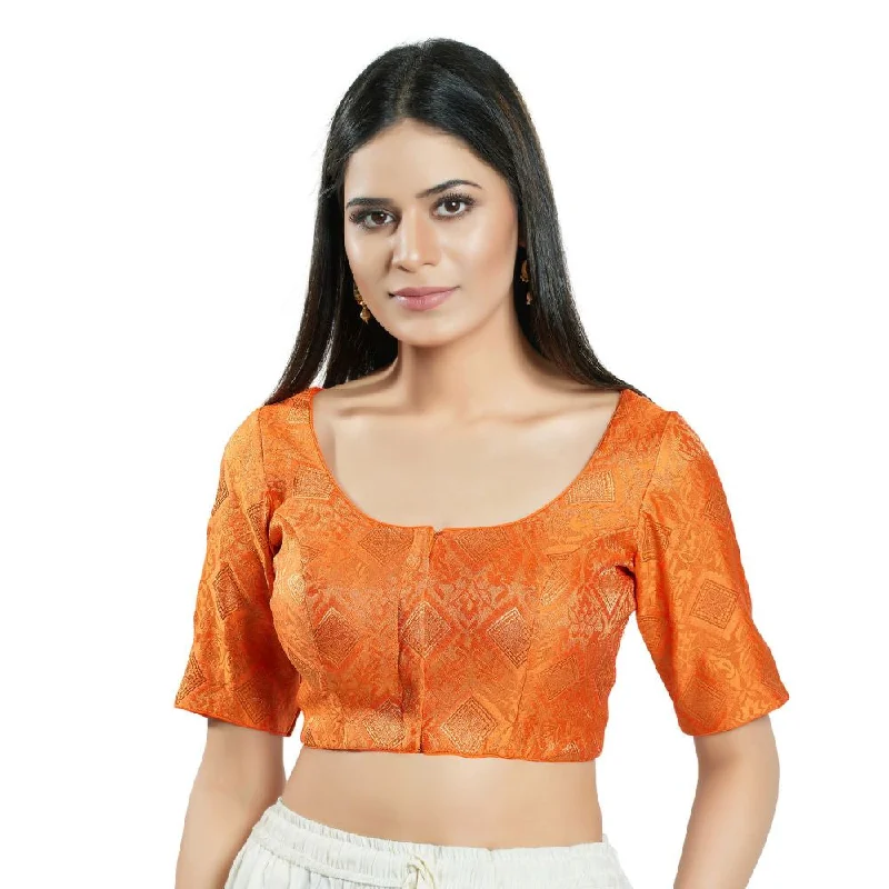 Orange Brocade Woven Design Elbow Sleeve Blouse Boho Chic Blouse