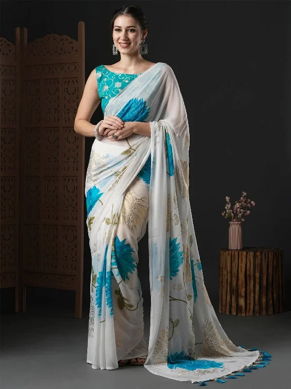 Saree Mall Women's Georgette White Printed Designer Saree With Blouse Piece-DIPIKA102 Satin Long Blouse