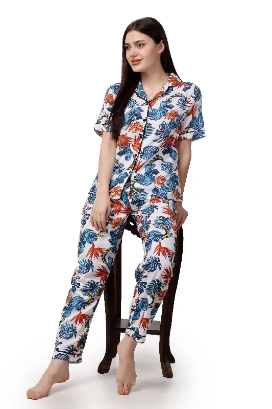 Leafy Print Women Shirt & Pyjama Set – 100% Viscose-- Zippered Buttoned Snapped