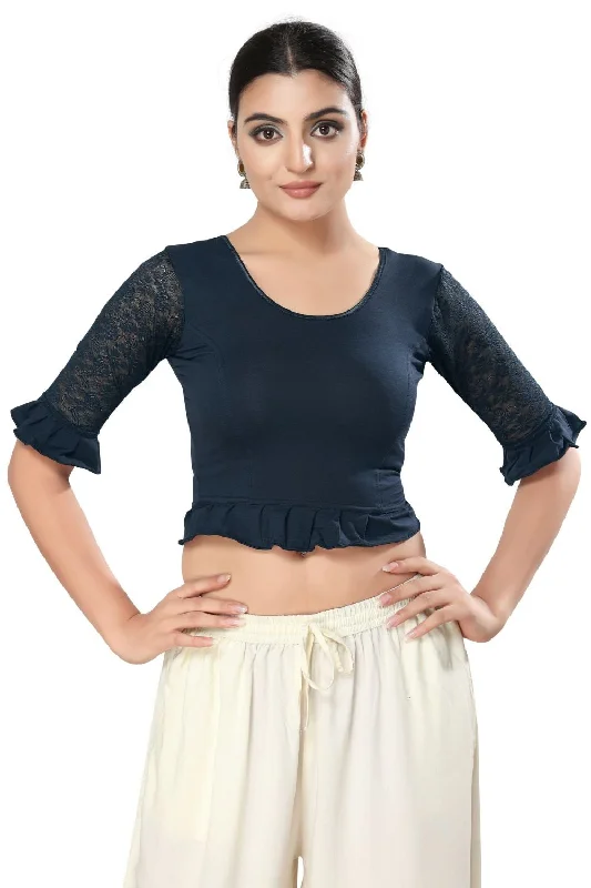Navy Blue Cotton Solid Short Sleeves Blouse Lightweight Chiffon Blouse
