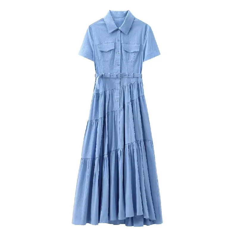 Yipinpay New Spring Style Spliced Dress With Belt Shirt 2240371-- Denim Fabric Leather Fabric Suede Fabric