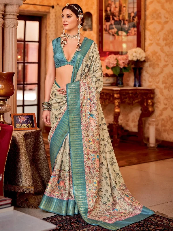 Saree Mall Women's Manipuri  Cream Printed Designer Saree With Blouse Piece-MORPNKH107 Slim Fit Blouse