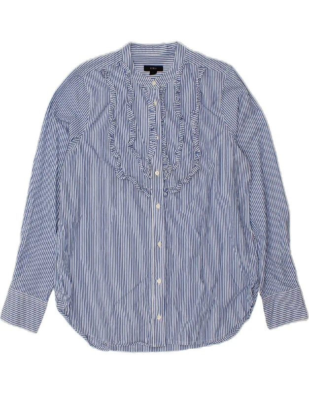 J. CREW Womens Ruffle Front Shirt UK 14 Medium Blue Pinstripe Cotton-- Zippered Buttoned Snapped