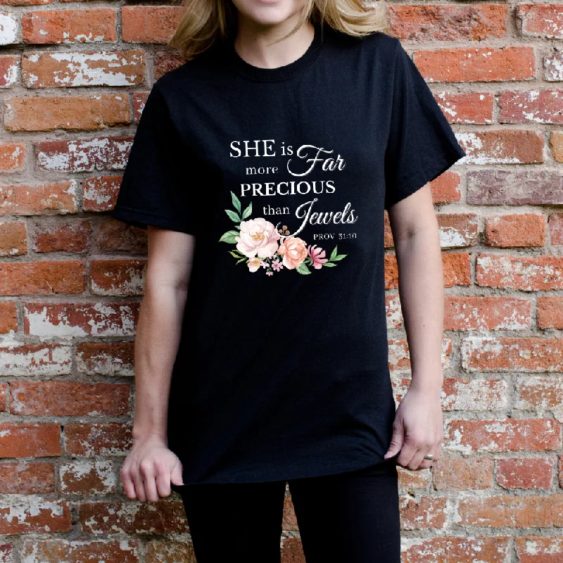 She is far more precious than jewel T-shirt - White/Black/Maroon-- Knit Fabric Woven Fabric Fleece Fabric
