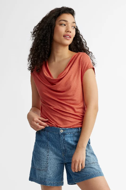 T-shirt col drapé - Femme-- V-Neck T-Shirt Long Sleeve Cotton