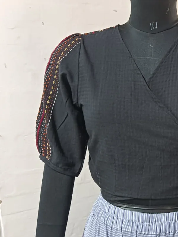 Cotton Hand Embroidered back-tie blouse Black Feminine Ruffle Blouse