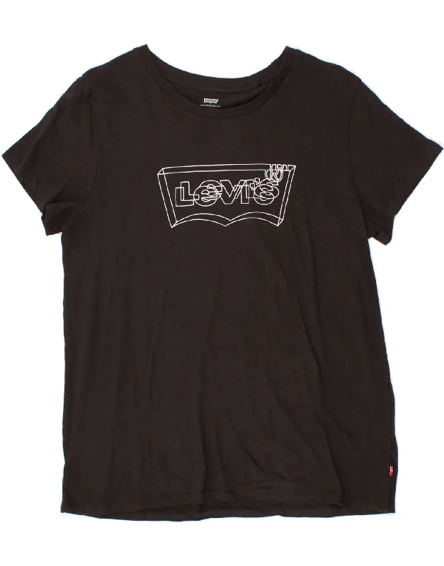 LEVI'S Womens Graphic T-Shirt Top UK 14 Large Black Cotton-- Lace Blend Ribbed Blend Corduroy Blend