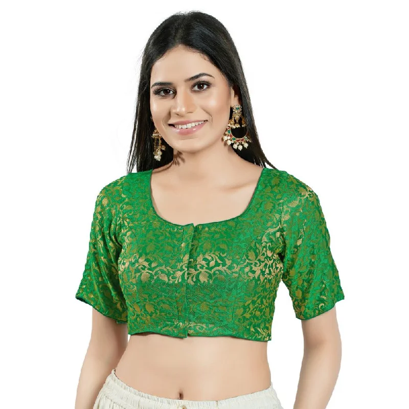 Green Brocade Woven Design Elbow Sleeve Blouse Embellished Collar Blouse
