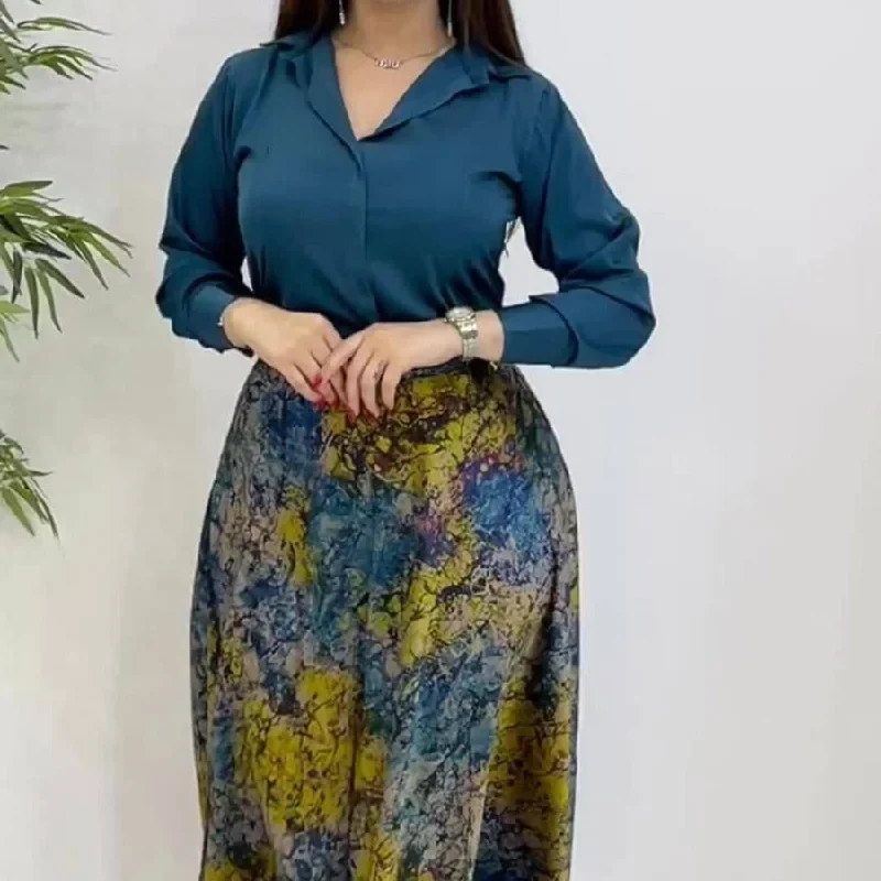 Fall Satin Solid Color Shirt Digital Printing Skirt Set-- Asymmetrical Pockets Print